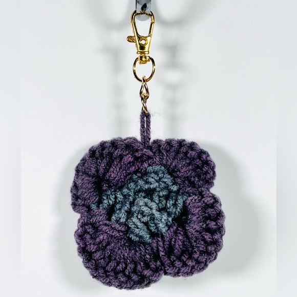 Purple & Gray Crochet Flower Bag Charm - Picture 2 of 5